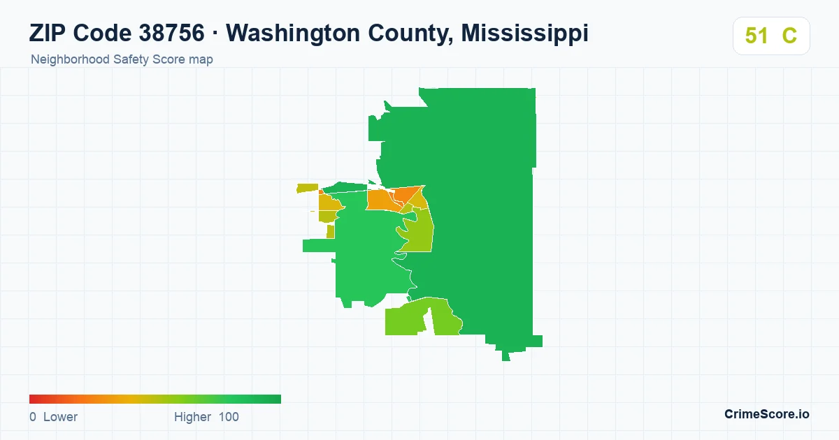 ZIP Code 38756 in Washington County, Mississippi neighborhood Safety Score map