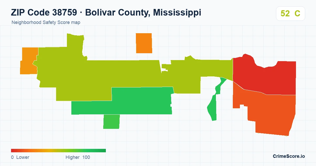 ZIP Code 38759 in Bolivar County, Mississippi neighborhood Safety Score map