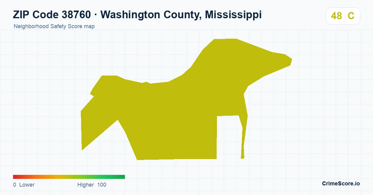 ZIP Code 38760 in Washington County, Mississippi neighborhood Safety Score map