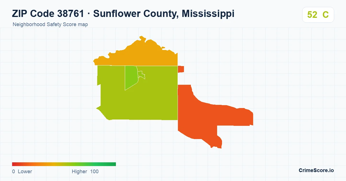 ZIP Code 38761 in Sunflower County, Mississippi neighborhood Safety Score map