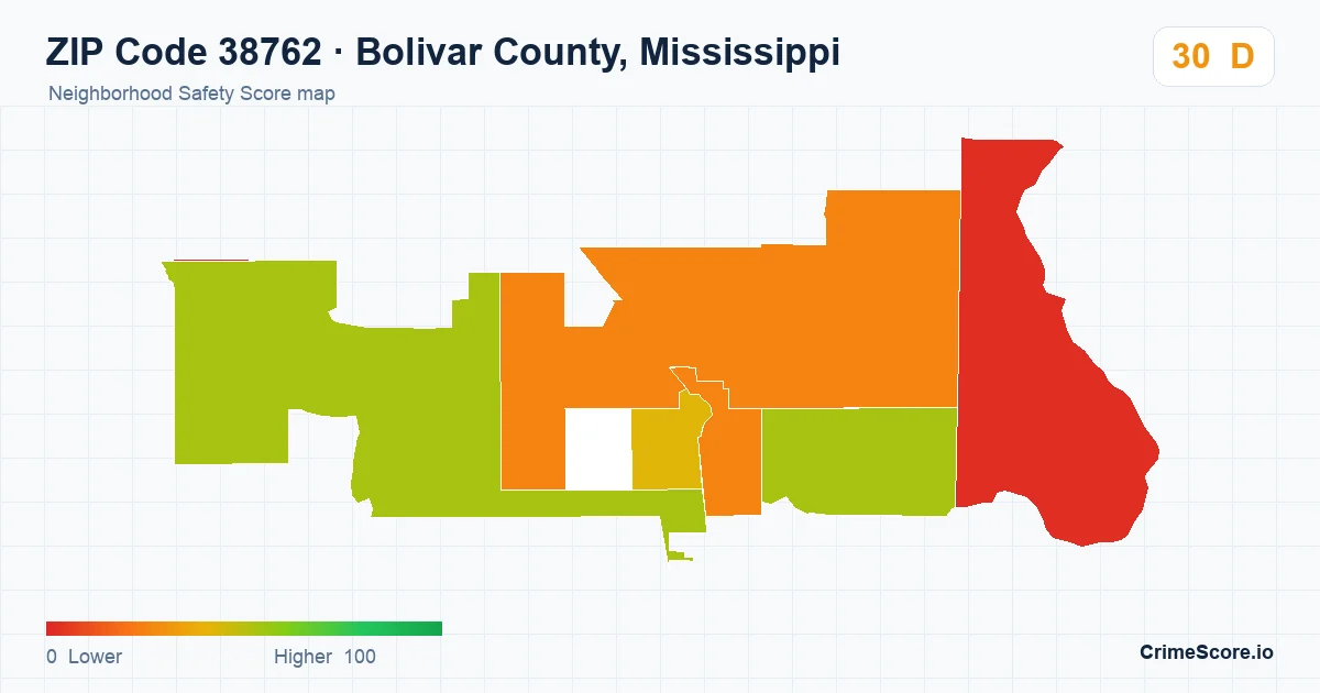 ZIP Code 38762 in Bolivar County, Mississippi neighborhood Safety Score map