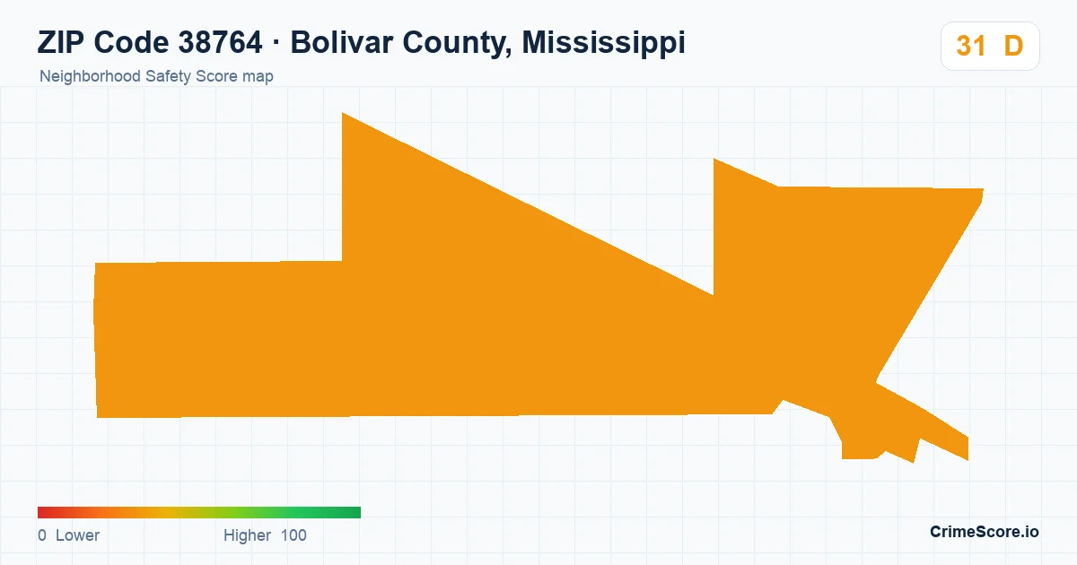 ZIP Code 38764 in Bolivar County, Mississippi neighborhood Safety Score map