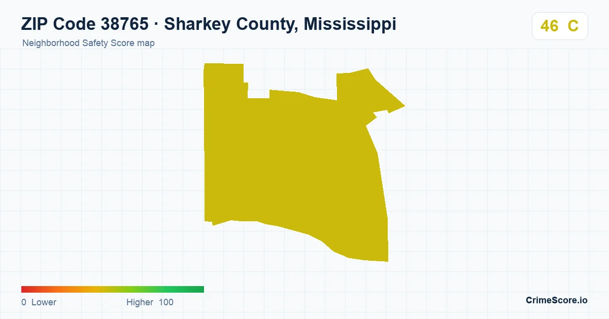 ZIP Code 38765 in Sharkey County, Mississippi neighborhood Safety Score map