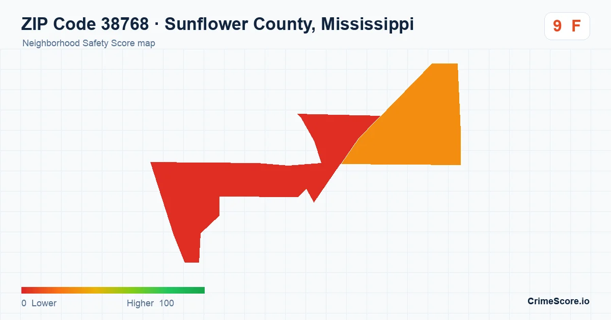 ZIP Code 38768 in Sunflower County, Mississippi neighborhood Safety Score map