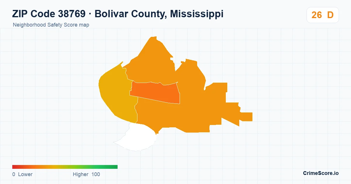 ZIP Code 38769 in Bolivar County, Mississippi neighborhood Safety Score map