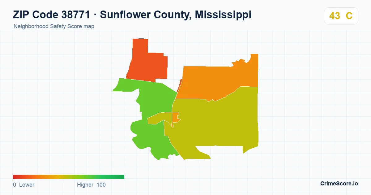 ZIP Code 38771 in Sunflower County, Mississippi neighborhood Safety Score map