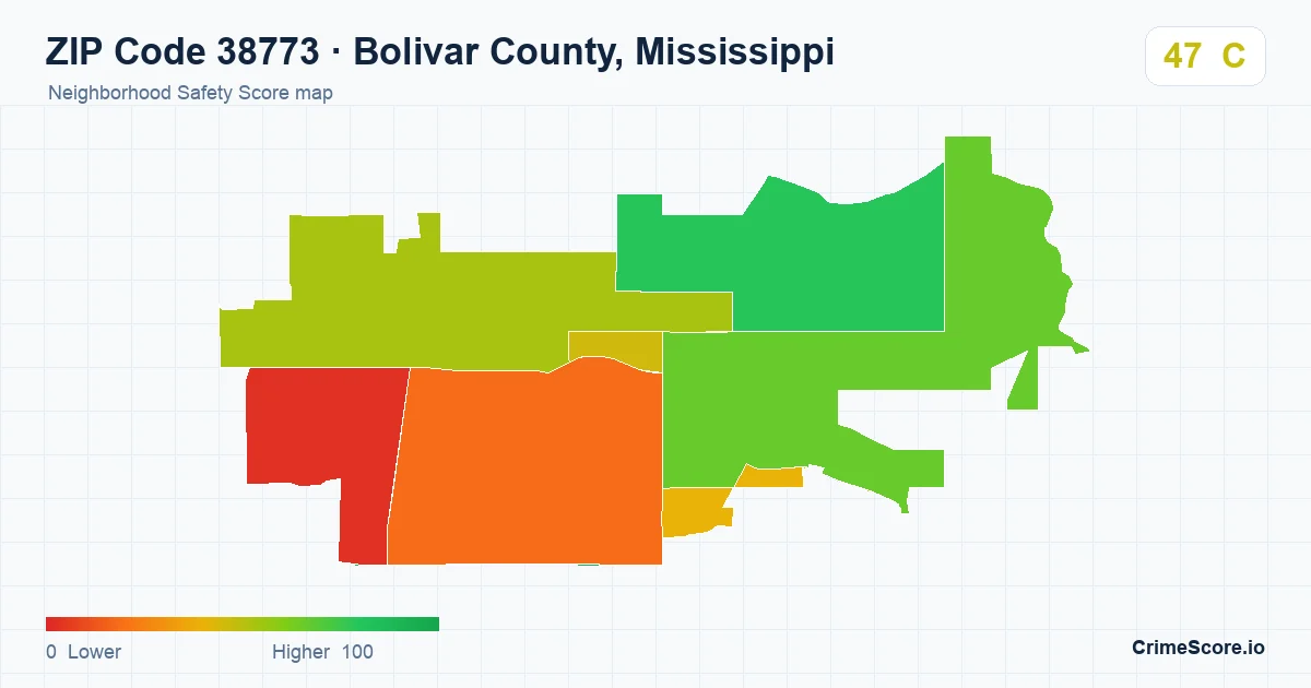 ZIP Code 38773 in Bolivar County, Mississippi neighborhood Safety Score map