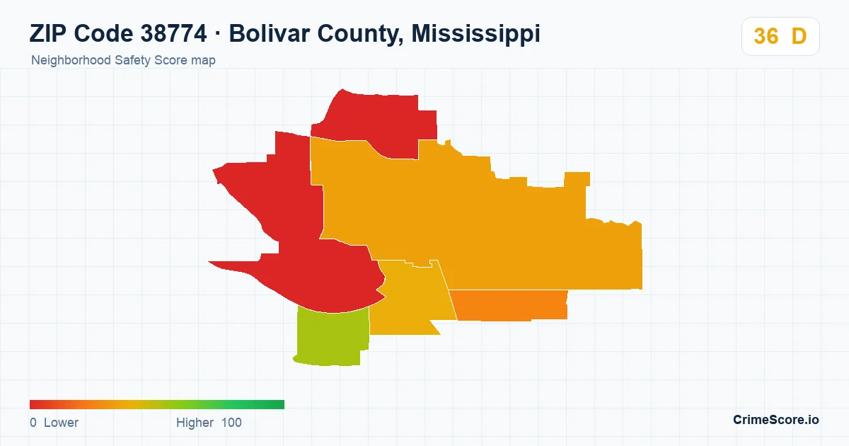 ZIP Code 38774 in Bolivar County, Mississippi neighborhood Safety Score map