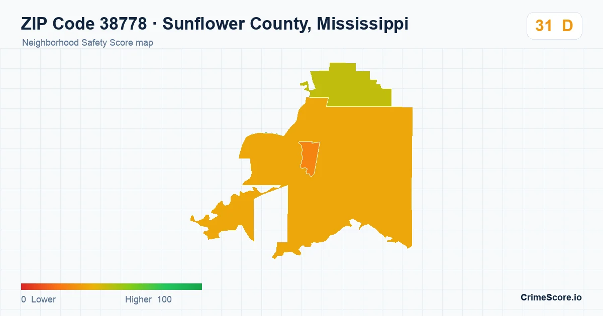 ZIP Code 38778 in Sunflower County, Mississippi neighborhood Safety Score map