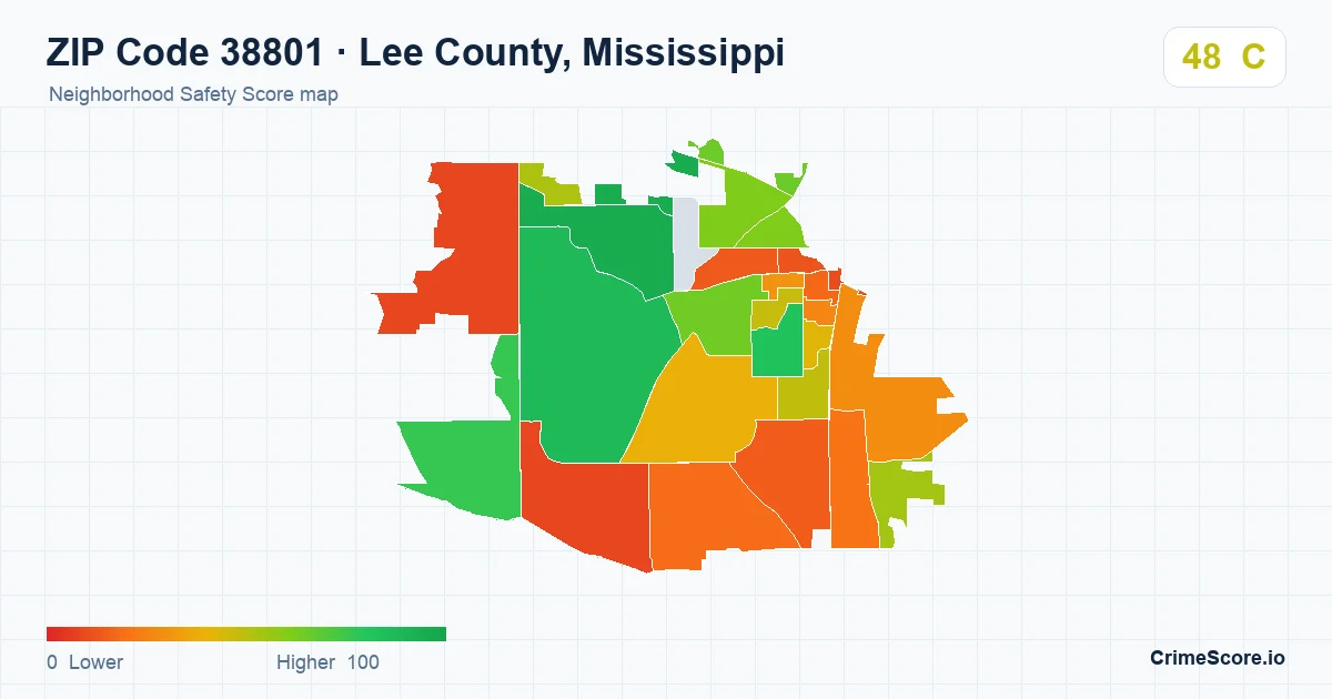 ZIP Code 38801 in Lee County, Mississippi neighborhood Safety Score map