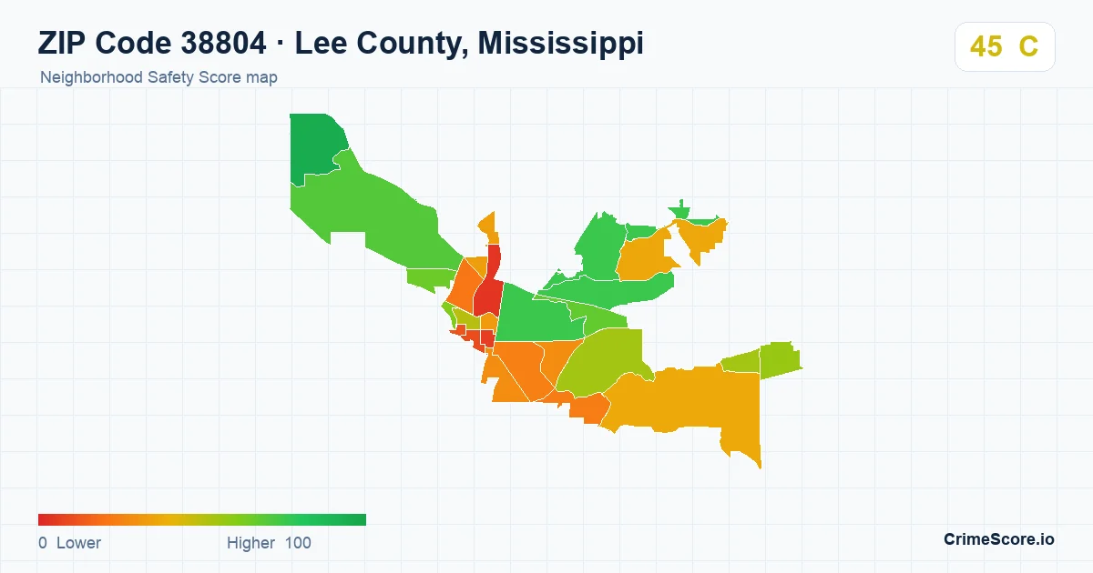 ZIP Code 38804 in Lee County, Mississippi neighborhood Safety Score map