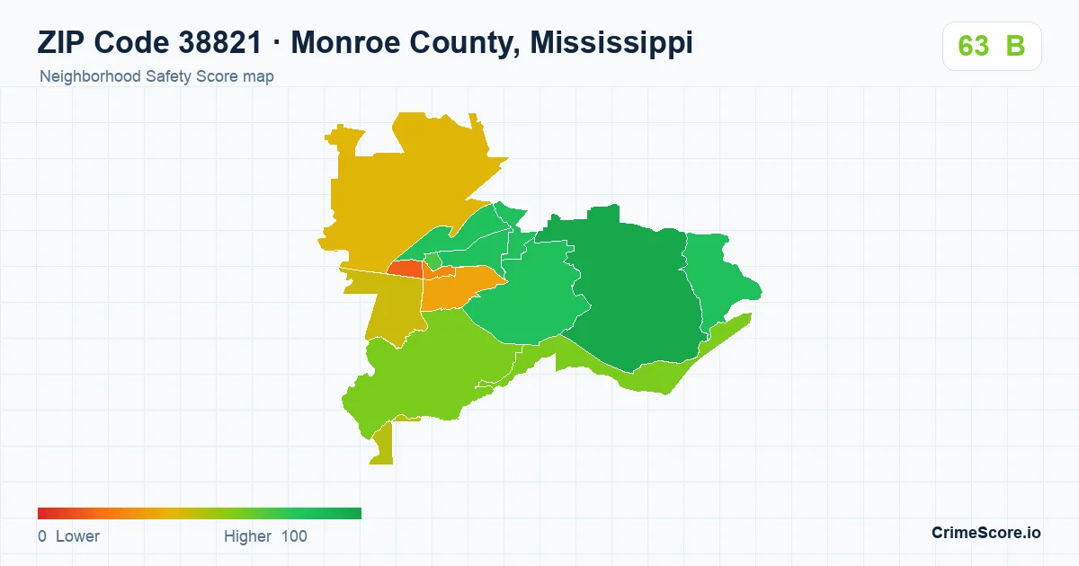 ZIP Code 38821 in Monroe County, Mississippi neighborhood Safety Score map