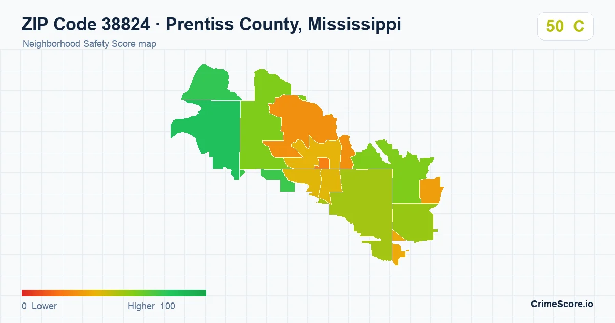 ZIP Code 38824 in Prentiss County, Mississippi neighborhood Safety Score map
