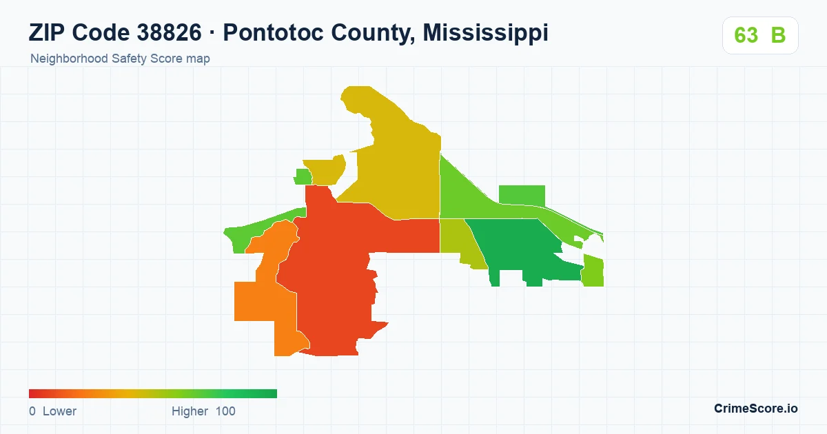 ZIP Code 38826 in Pontotoc County, Mississippi neighborhood Safety Score map