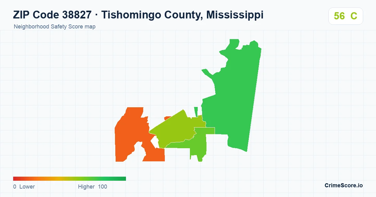ZIP Code 38827 in Tishomingo County, Mississippi neighborhood Safety Score map