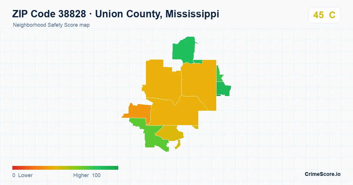 ZIP Code 38828 in Union County, Mississippi neighborhood Safety Score map