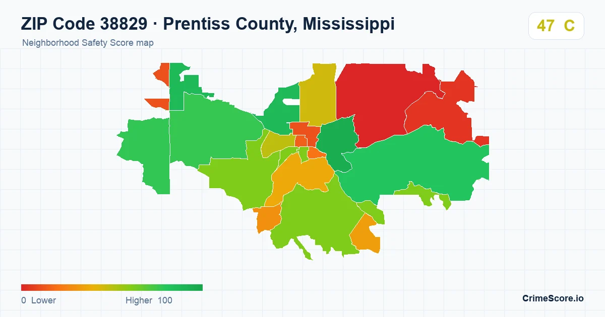 ZIP Code 38829 in Prentiss County, Mississippi neighborhood Safety Score map