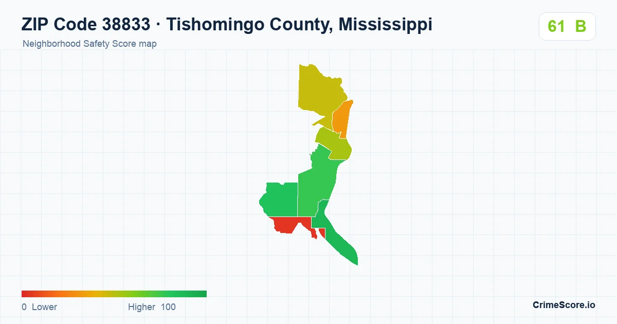 ZIP Code 38833 in Tishomingo County, Mississippi neighborhood Safety Score map