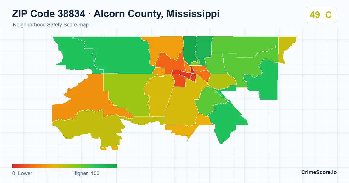 ZIP Code 38834 in Alcorn County, Mississippi neighborhood Safety Score map