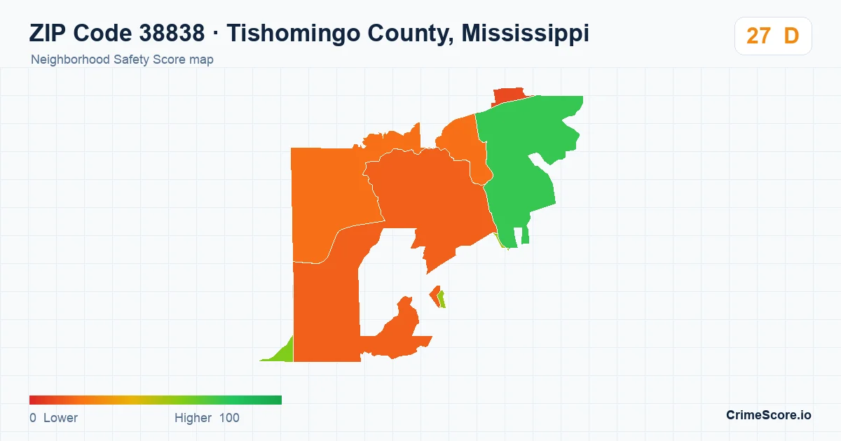 ZIP Code 38838 in Tishomingo County, Mississippi neighborhood Safety Score map