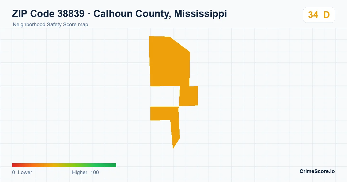 ZIP Code 38839 in Calhoun County, Mississippi neighborhood Safety Score map