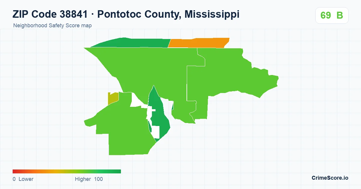ZIP Code 38841 in Pontotoc County, Mississippi neighborhood Safety Score map