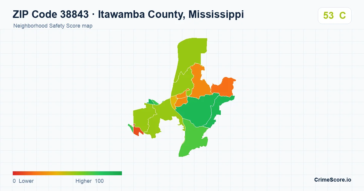 ZIP Code 38843 in Itawamba County, Mississippi neighborhood Safety Score map