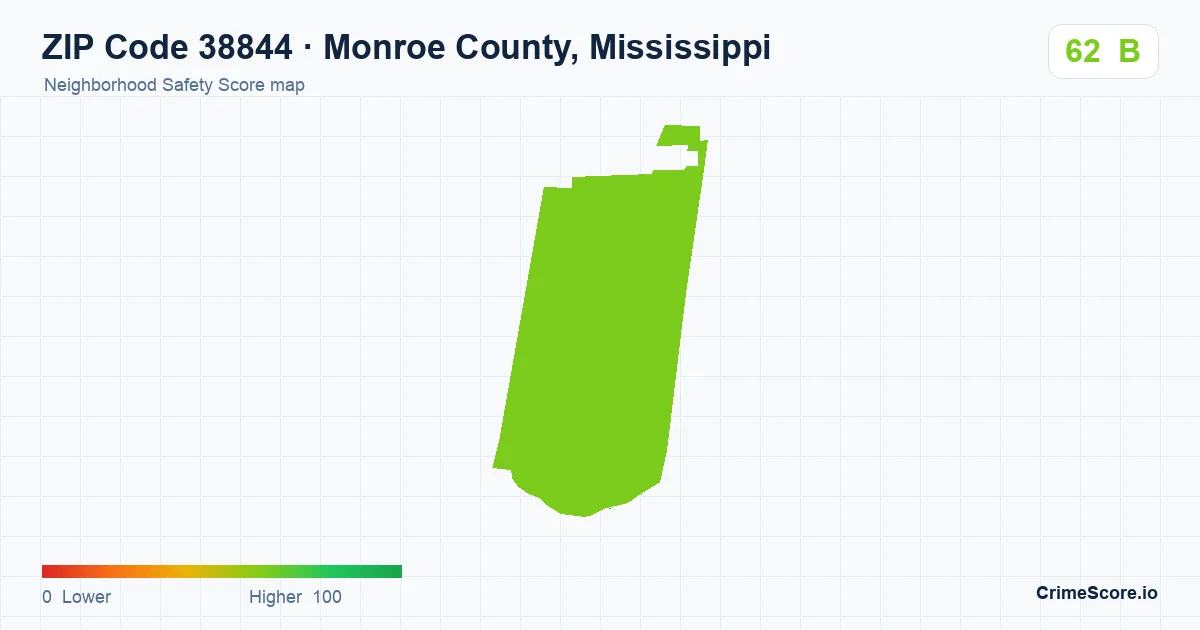 ZIP Code 38844 in Monroe County, Mississippi neighborhood Safety Score map