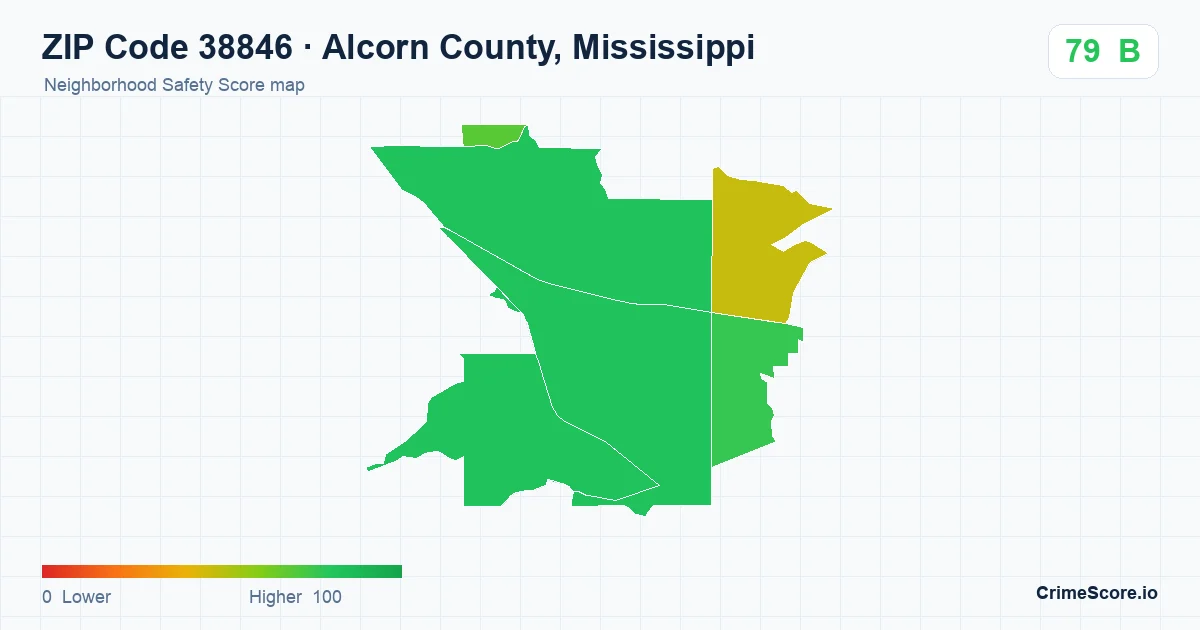 ZIP Code 38846 in Alcorn County, Mississippi neighborhood Safety Score map