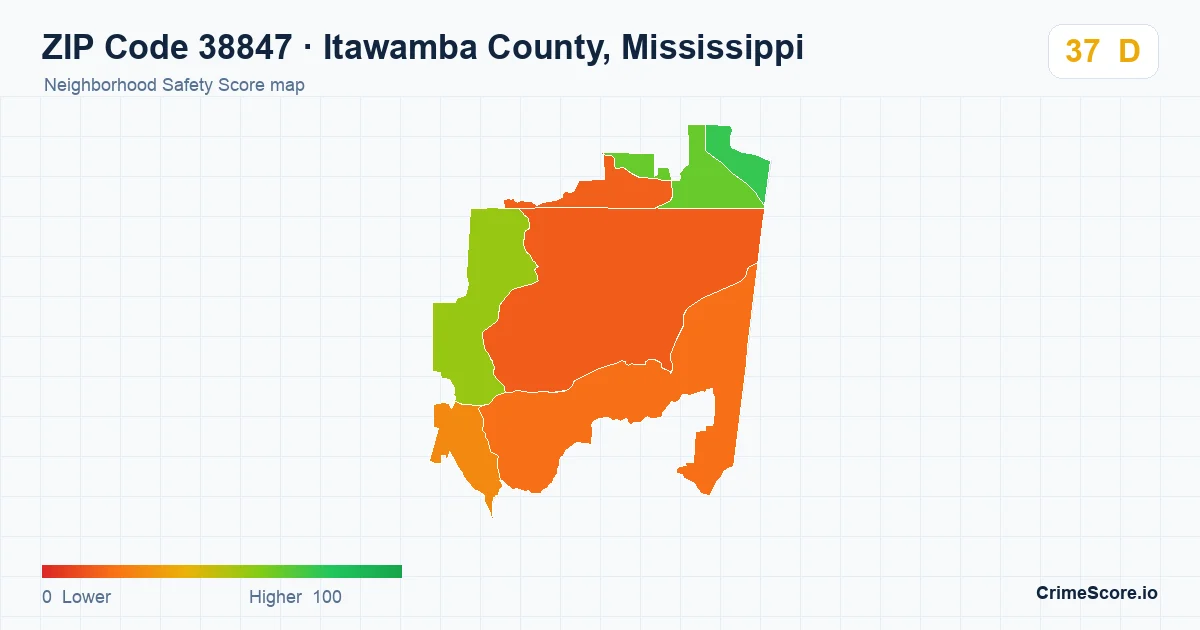 ZIP Code 38847 in Itawamba County, Mississippi neighborhood Safety Score map