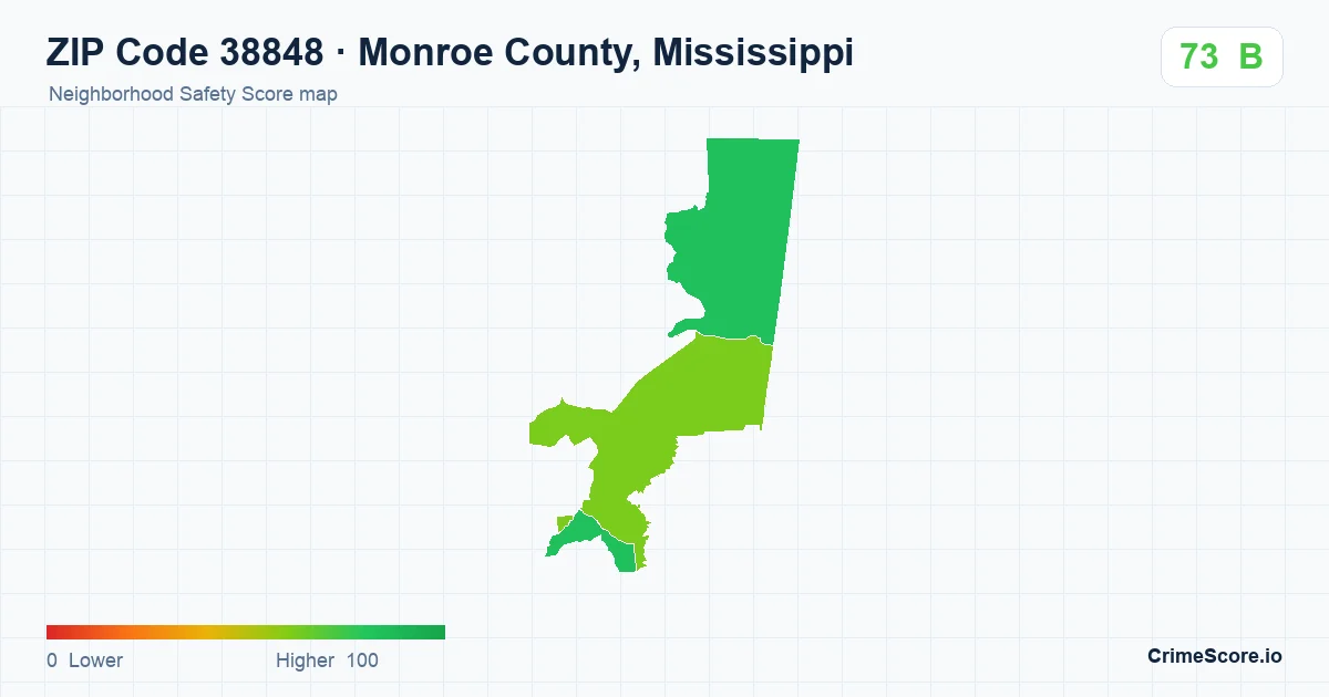 ZIP Code 38848 in Monroe County, Mississippi neighborhood Safety Score map