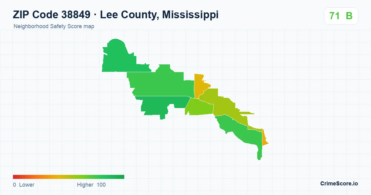 ZIP Code 38849 in Lee County, Mississippi neighborhood Safety Score map