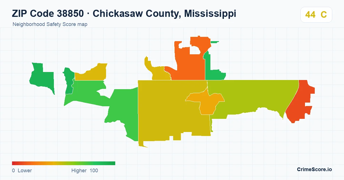 ZIP Code 38850 in Chickasaw County, Mississippi neighborhood Safety Score map