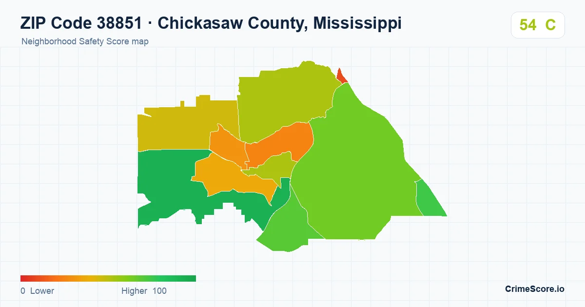 ZIP Code 38851 in Chickasaw County, Mississippi neighborhood Safety Score map