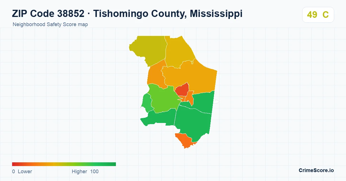 ZIP Code 38852 in Tishomingo County, Mississippi neighborhood Safety Score map