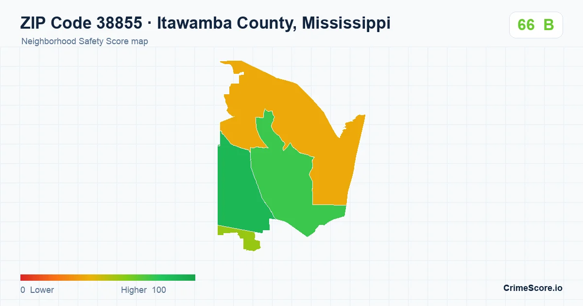ZIP Code 38855 in Itawamba County, Mississippi neighborhood Safety Score map
