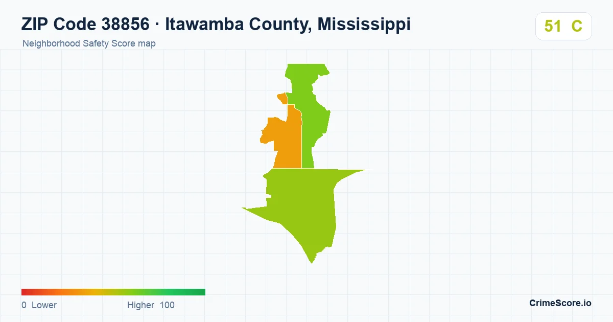 ZIP Code 38856 in Itawamba County, Mississippi neighborhood Safety Score map