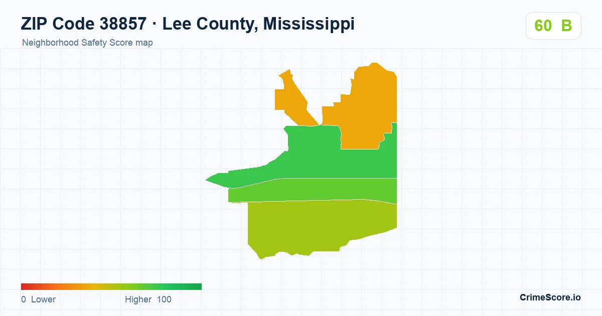 ZIP Code 38857 in Lee County, Mississippi neighborhood Safety Score map