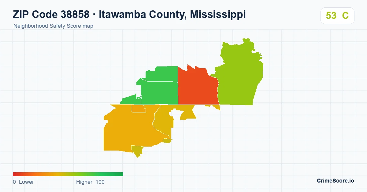 ZIP Code 38858 in Itawamba County, Mississippi neighborhood Safety Score map