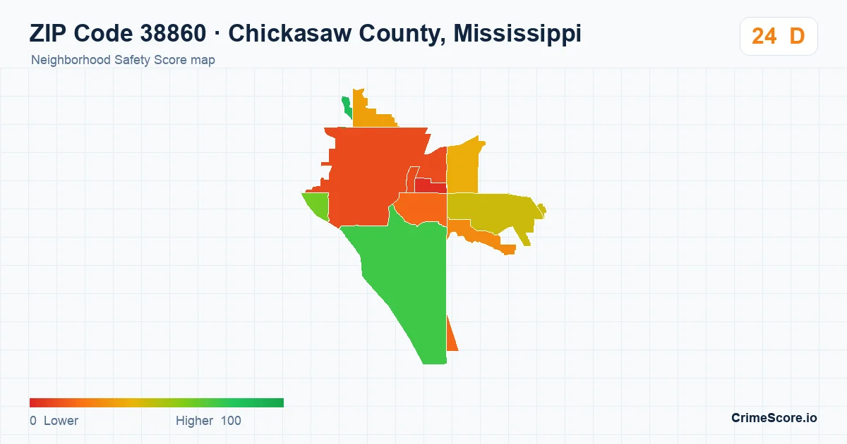 ZIP Code 38860 in Chickasaw County, Mississippi neighborhood Safety Score map
