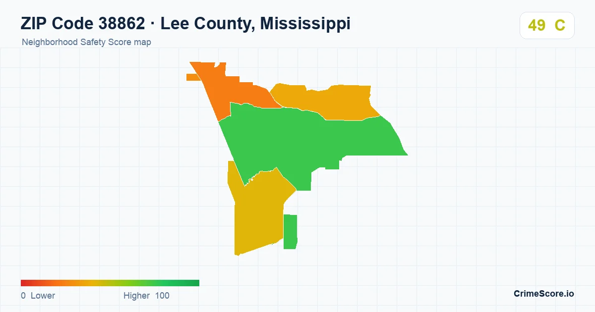 ZIP Code 38862 in Lee County, Mississippi neighborhood Safety Score map