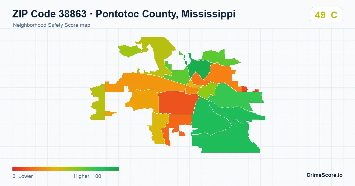 ZIP Code 38863 in Pontotoc County, Mississippi neighborhood Safety Score map