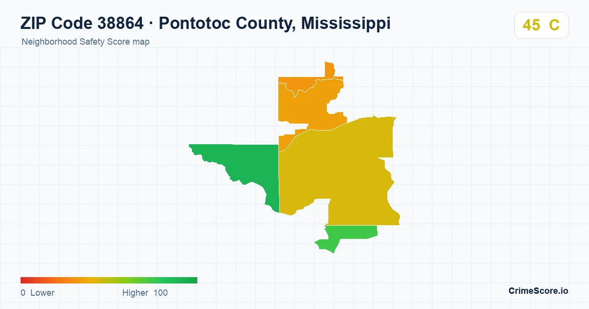 ZIP Code 38864 in Pontotoc County, Mississippi neighborhood Safety Score map