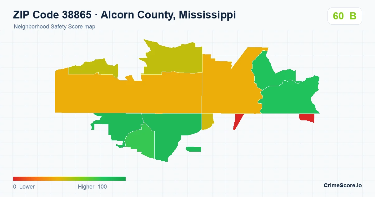 ZIP Code 38865 in Alcorn County, Mississippi neighborhood Safety Score map