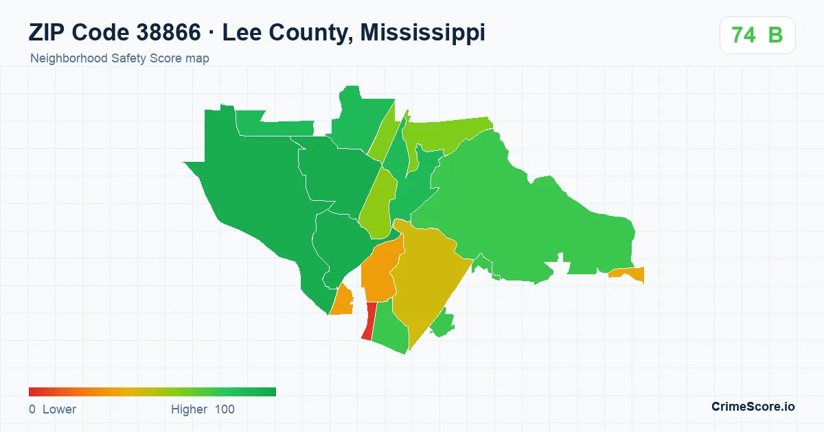 ZIP Code 38866 in Lee County, Mississippi neighborhood Safety Score map
