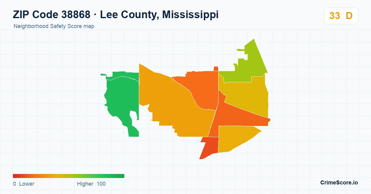 ZIP Code 38868 in Lee County, Mississippi neighborhood Safety Score map
