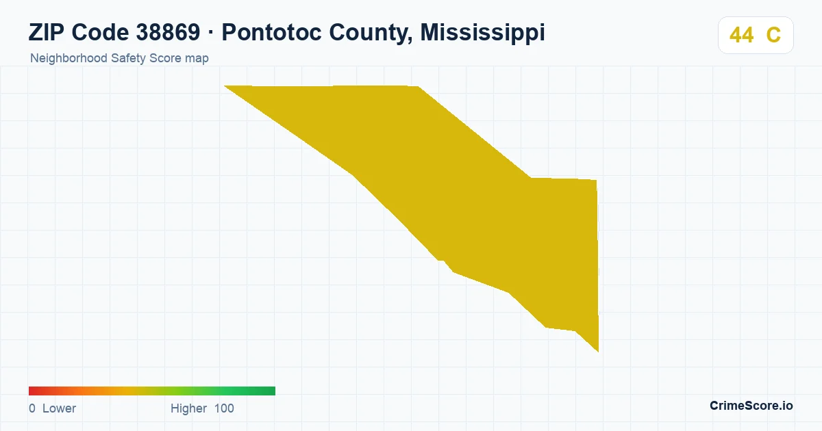 ZIP Code 38869 in Pontotoc County, Mississippi neighborhood Safety Score map