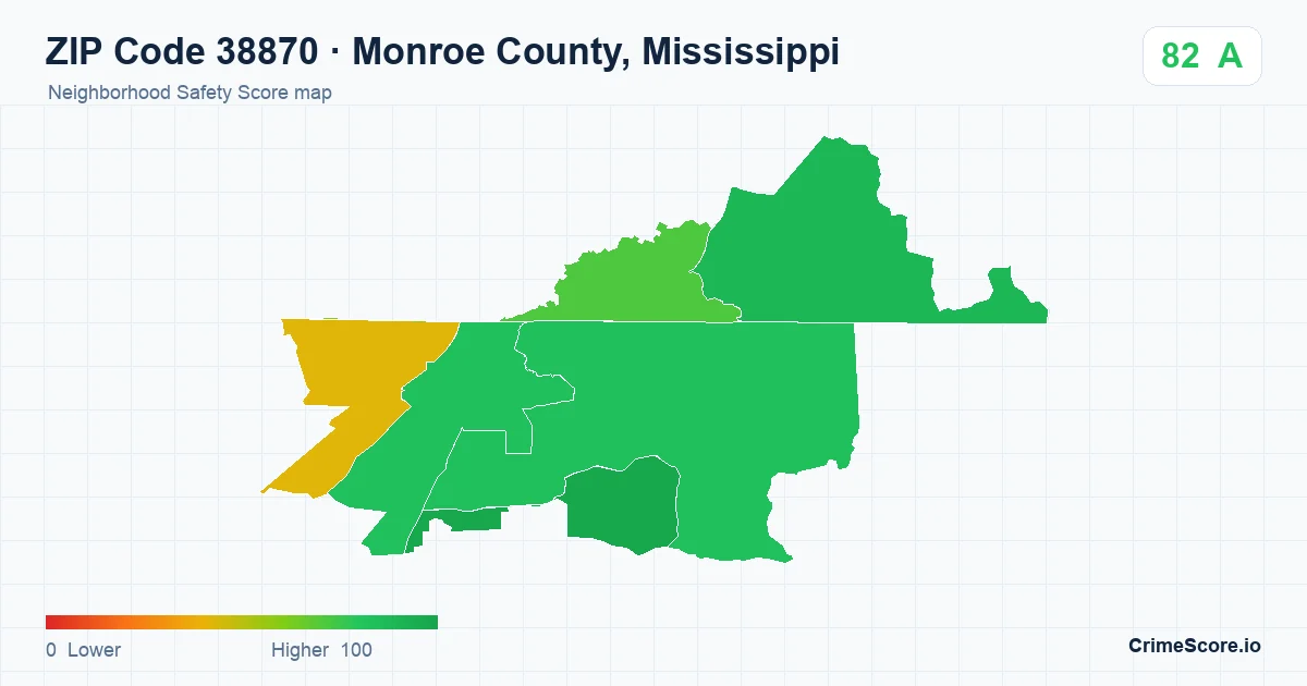 ZIP Code 38870 in Monroe County, Mississippi neighborhood Safety Score map