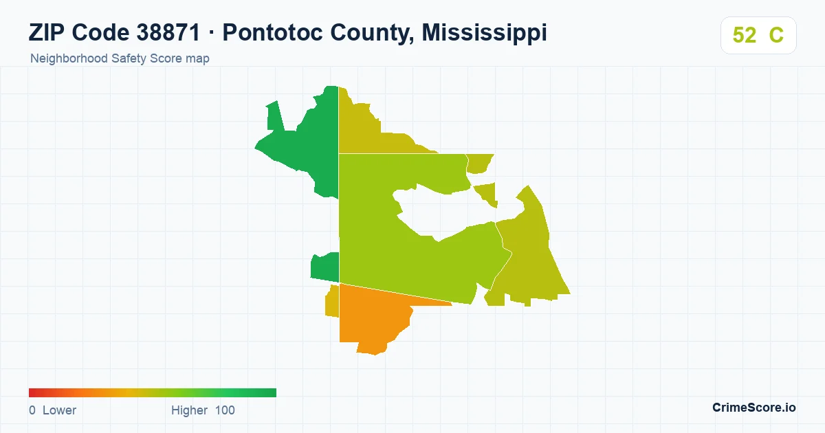 ZIP Code 38871 in Pontotoc County, Mississippi neighborhood Safety Score map