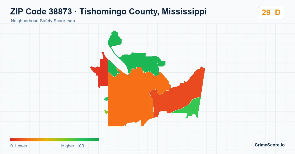 ZIP Code 38873 in Tishomingo County, Mississippi neighborhood Safety Score map